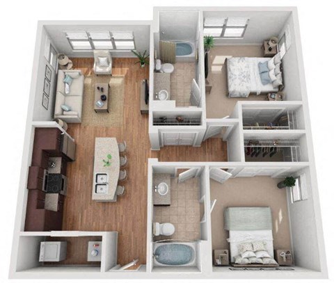 2 Bed 2 Bath Floor Plan | 968 Sq. Ft. at Mockingbird Flats Apartments in Dallas, TX